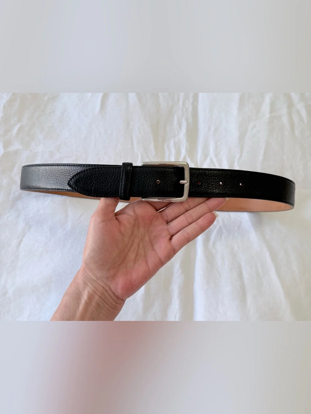Desanto | Men’s 38 | Black Pebbled Leather Belt Silver Tone Buckle Contemporary